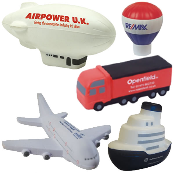 Figuras antiestrés personalizadas relacionadas con el transporte, el tráfico y los vehículos. Coche, avión, barco, camión, furgoneta, globo, zepelín